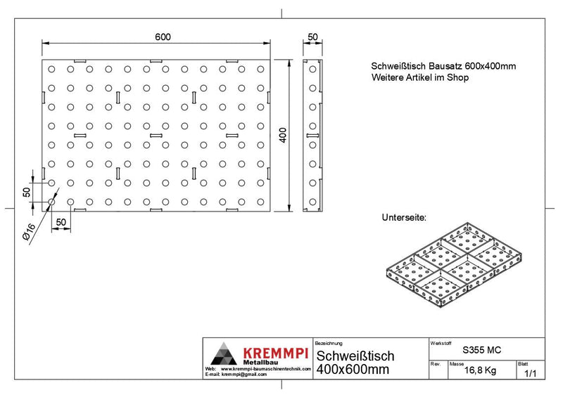 Schweißtisch Lochtisch Bausatz 600x400x50mm